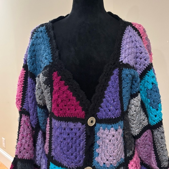 Handmade Granny Square Bell Sleeve Cardigan Vibrant Pink Purple & Blue Size L XL - Picture 5 of 8